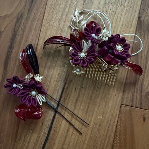 NWOT Elegant Burgundy & Gold Japanese Floral Hair Accessories Set • Kanazas